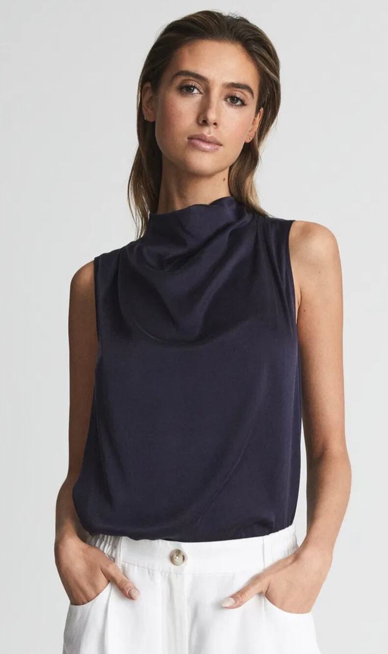 REISS Lola Silk Front Sleeveless Blouse Navy Blue size Small